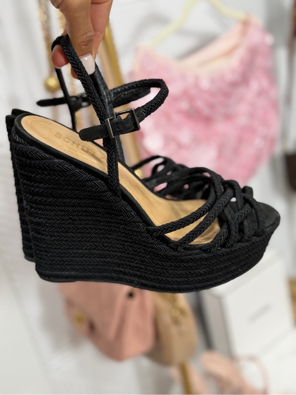 SCHUTZ Black Braided Rope-Strap Heeled Sandals
